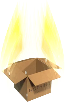 An open, empty cardboard box surrounded by a golden Super Saiyan aura.