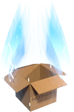An open, empty cardboard box surrounded by a blue Super Saiyan aura with lightning.