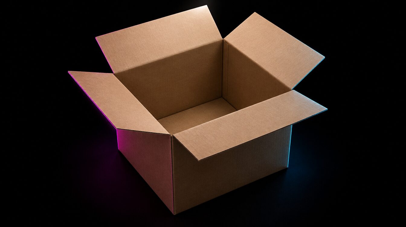 A plain cardboard box, open, with nothing inside, on a black background.
